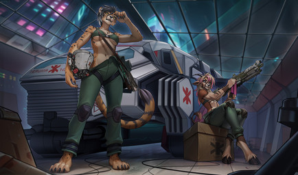 4_toes 5_fingers ambulance anthro athletic athletic_female barefoot black_hair blonde_hair bottomwear box bra breast_tattoo breasts claws clothed clothing container cyberpunk duo feet female finger_claws fingers fur fur_markings futuristic futuristic_gun green_bottomwear green_clothing green_pants gun hair highlights_(coloring) holding_gun holding_object holding_ranged_weapon holding_weapon hooves inside knee_pads long_hair markings navel pants pink_highlights pose ranged_weapon sitting slim small_waist standing tail tan_body tan_fur tattoo toe_claws toes topless under_boob underwear weapon white_highlights yellow_eyes seanwaald cd_projekt_red cyberpunk_2077 trauma_team victoria_(wyverexad) antelope bovid cheetah felid feline grazing_antelope mammal oryx 2025 digital_media_(artwork) hi_res pinup
