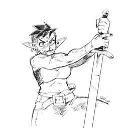 5_fingers belt biped bottomwear breasts clothing ear_piercing female fingers hair holding_melee_weapon holding_object holding_sword holding_weapon humanoid_pointy_ears melee_weapon midriff not_furry pants piercing pointy_ears solo sword weapon ballad-of-gilgalad humanoid 2020 black_and_white character_request digital_media_(artwork) hatching_(art) hi_res monochrome shaded