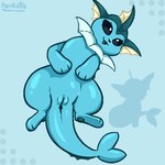 anus blue_body female feral fin frill_(anatomy) genitals head_fin long_tail looking_at_viewer lying neck_frill on_back pawpads paws presenting presenting_pussy pussy simple_background solo tail pankatares nintendo pokemon eeveelution generation_1_pokemon mammal pokemon_(species) vaporeon digital_media_(artwork) low_res pixel_(artwork) signature