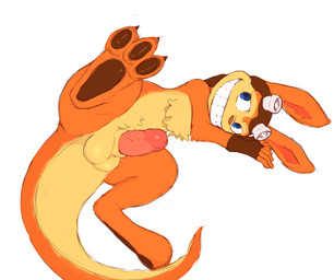 anthro balls barefoot biped blue_eyes claws clothing erection feet fur genitals hat headgear headwear hindpaw humanoid_genitalia humanoid_penis long_ears looking_up lying male nude on_ground on_side pawpads paws penis simple_background smile solo spread_legs spreading teeth thick_penis toe_claws vein veiny_penis conditional_dnp zackary911 jak_and_daxter naughty_dog sony_corporation sony_interactive_entertainment daxter mammal mustelid ottsel