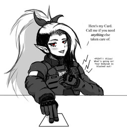 accessory armband blood_type blush business_card chest_armor clothing dialogue electronics fangs female gloves hair hair_accessory hair_tie handwear humanoid_pointy_ears military_gear open_mouth pointy_ears police police_officer police_uniform ponytail radio red_eyes smile smiling_at_viewer talking_to_viewer teeth text undercut uniform walkie-talkie widow's_peak vampykitsune humanoid vampire english_text