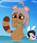 ahoge anthro ball beach_ball bikini black_eyes black_hair breasts brown_body brown_fur clothing duo female fur green_bikini green_clothing green_eyes green_swimwear grey_hair hair half-closed_eyes inflatable narrowed_eyes navel one_eye_closed partially_submerged raised_tail small_breasts standing swimwear tail thick_thighs two-piece_swimsuit white_body white_fur wide_hips wink yellow_sclera alex-cydragon smooky lagomorph leporid mammal procyonid rabbit raccoon hi_res