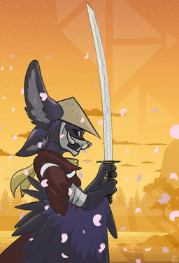 3_fingers 4_ears ambiguous_gender anthro asian_clothing bandage bandaged_arm black_body black_sclera blue_body cherry_blossom clothed clothing cloud cone_hat damascus_steel detailed_background east_asian_clothing feathered_wings feathers fingers flower fur glistening glistening_eyes grey_body hat headgear headwear holding_melee_weapon holding_object holding_sword holding_weapon japanese_clothing katana kimono mask melee_weapon metal mountain multi_ear plant pose prunus_(flower) purple_body purple_eyes red_clothing side_view sky skyscape solo standing sunset sword tree tuft tufted_fur warrior water weapon winged_arms wings reetogoth lonne avali avian bird mammal 2023 absurd_res digital_media_(artwork) hi_res shaded signature