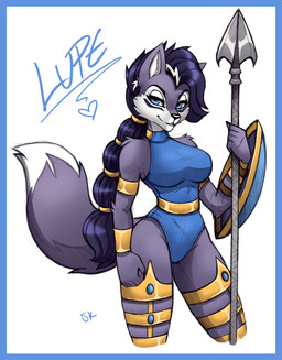 accessory anthro arm_tuft armlet black_hair blue_border blue_clothing blue_leotard border bracelet breasts clothing dipstick_tail eyebrows eyelashes female fur grey_body grey_fur hair hair_accessory hair_ring heart_symbol jewelry leotard markings melee_weapon polearm shield shoulder_tuft solo spear tail tail_markings text tuft weapon white_body white_fur naaraskettu sega sonic_the_hedgehog_(series) lupe_the_wolf canid canine canis mammal wolf 2025 absurd_res character_name hi_res signature