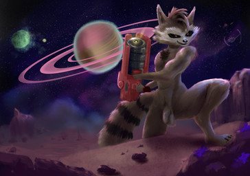 anthro balls casual_nudity chest_tuft flaccid genitals gun holding_object holding_weapon male nude penis ranged_weapon smile smirk solo standing tuft weapon flashbulbmemory guardians_of_the_galaxy marvel rocket_raccoon mammal procyonid raccoon hi_res
