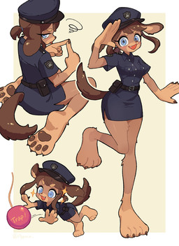 anthro ball barefoot belt black_belt blue_clothing blue_eyes blue_hair_tie blue_hat blue_headwear blue_uniform blush bodily_fluids bottomwear brown_body brown_claws brown_ears brown_eyebrows brown_fur brown_hands brown_inner_ear brown_nails brown_nose brown_pawpads brown_paws brown_tail chasing_ball chibi circle_eyebrows claws clothed clothed_anthro clothed_female clothing colored_nails emanata eyebrows eyelashes fangs feet female floppy_ears fur gesture hair hat headgear headwear leg_tuft long_eyelashes long_hair long_nails looking_at_viewer lunging nails open_mouth open_smile pawpads paws pink_ball police police_hat police_uniform pose pouting pupils raised_foot raised_hand raised_tail salute shirt_pocket simple_background sitting skirt smile snout soles solo sparkles tail tears teeth text tied_hair toes tongue tongue_out tool_belt tuft uniform yellow_background yellow_text appoco pollie_(appoco) canid canine canis domestic_dog mammal 2026 colored digital_drawing_(artwork) digital_media_(artwork) hi_res multiple_scenes signature