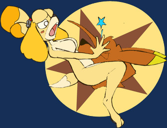 anthro bell_accessory breasts duo featureless_breasts female male male/female nude nude_anthro nude_female smacked star vore chaoshetra animal_crossing nintendo cyote isabelle_(animal_crossing) canid canine canis coyote mammal alpha_channel hi_res