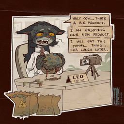 anthro bag biohazard_symbol black_hair burger ceo chair clothed clothed_anthro clothed_female clothing desk dialogue female food fully_clothed fully_clothed_anthro fully_clothed_female fur furniture hair hazard_symbol holding_burger holding_food holding_object inside mold_(fungus) necktie nervous plant recording_video sitting solo symbol table teeth text tripod yellow_sclera alekksandar conditional_dnp mcdonald's microsoft the_elder_scrolls felina'ma felid khajiit mammal 1:1 2026 artist_name digital_drawing_(artwork) digital_media_(artwork) english_text hi_res url