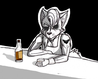 alcohol anthro beverage clothing dark dog_tags fur hair holding_glass holding_object male simple_background solo tattoo xxtheoneguyxx nintendo star_fox fox_mccloud canid canine fox mammal 2016 black_and_white monochrome