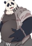 anthro black_body black_nose bottomwear clothing kemono male overweight overweight_male pants shirt simple_background solo topwear white_body shirokumaou jujutsu_kaisen panda_(jujutsu_kaisen) bear giant_panda mammal 2022 hi_res