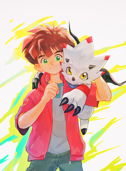 anthro brown_hair claws closed_smile clothing duo green_eyes hair horn male mouth_closed smile white_body wings yellow_eyes kubota_keita bandai_namco digimon digimon_ghost_game gammamon_(ghost_game) hiro_amanokawa digimon_(species) gammamon human mammal hi_res