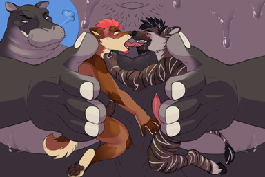 anthro bodily_fluids feet foreskin frottage genitals group kissing male male/male masturbation micro overweight overweight_male pawpads penile penis penises_touching sex sweat trio fetishame grinner shuck canid canine common_hippopotamus hippopotamid hyena mammal 3:2 hi_res