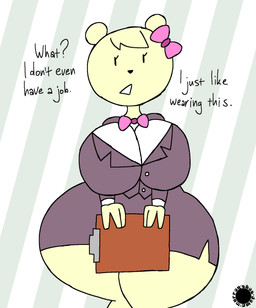 anthro big_breasts bottomwear bow_tie breasts business_suit clipboard clothing curvy_figure dialogue eyelashes female hourglass_figure logo skirt solo suit text thick_thighs wide_hips thatdawgmurray unisha_(thatdawgmurray) bear mammal aliasing artist_logo artist_name digital_media_(artwork) english_text hi_res signature
