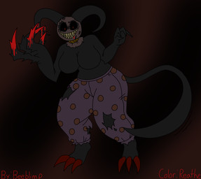big_breasts black_body black_horn black_sclera black_tail blood blood_on_face blood_on_hand bodily_fluids bottomwear breasts claws clothed clothing featureless_breasts female female_humanoid horn leggings legwear looking_at_viewer not_furry pants pattern_bottomwear pattern_clothing pattern_pants purple_bottomwear purple_clothing purple_leggings purple_legwear purple_pants red_background red_claws red_eyes sharp_tail sharp_teeth simple_background smile smiling_at_viewer solo tail teeth text threatening three-quarter_view topless topless_female topless_humanoid torn_bottomwear torn_clothing torn_pants yellow_teeth beeblimp reathe third-party_edit mave_(reathe) demon humanoid 2025 artist_name color_edit colored digital_drawing_(artwork) digital_media_(artwork) flat_colors