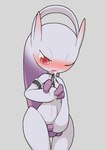 blush bodily_fluids cum cum_in_mouth cum_inside female genital_fluids grey_background masturbation one_eye_closed open_mouth red_eyes simple_background solo tosx nintendo pokemon generation_6_pokemon legendary_pokemon mega_evolution mega_mewtwo mega_mewtwo_y pokemon_(species)