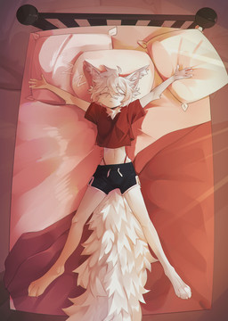 4_toes 5_fingers albino anthro arm_tuft barefoot bed bed_sheet bedding big_tail biped black_bottomwear black_clothing black_shorts blanket bottomwear chest_tuft claws clothed clothing digitigrade dolphin_shorts ear_tuft elbow_tuft eyes_closed feet female fingers fully_clothed fur furniture hair hindpaw hotpants inner_ear_fluff inside light long_tail lying lying_on_bed midriff monotone_clothing navel neck_tuft on_back on_bed paws pillow pink_nose red_blanket red_clothing red_shirt red_topwear red_underwear shirt short_hair shorts sleeping slim solo sound_effects sportswear sunlight tail thong thong_straps toe_claws toes topwear tuft underwear vowelless vowelless_sound_effect white_body white_fur white_inner_ear_fluff white_tail zzz oskar614 albi_sqirl mammal rodent sciurid tree_squirrel 2026 absurd_res digital_media_(artwork) full-length_portrait hi_res portrait shaded