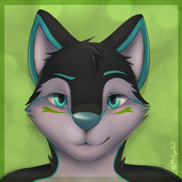 anthro blue_eyes countershading green_background looking_at_viewer male simple_background smile solo mytigertail canid canine fox mammal 1:1 2015 signature