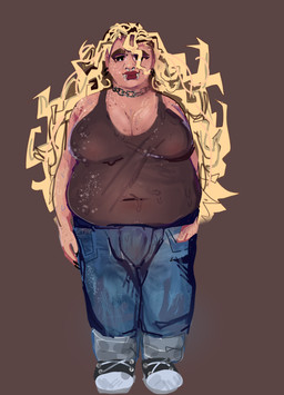 belly blonde_hair bodily_fluids breasts bulge gynomorph hair intersex overweight piercing solo sweat sweaty_belly sweaty_breasts lebigbeetle fan_character humanoid absurd_res hi_res