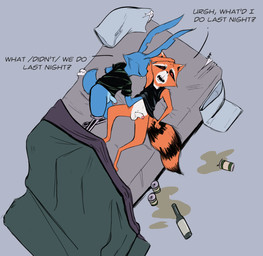 alcohol anthro balls bed beer beverage bottomless brown_body brown_fur clothed clothing dialogue duo erection foreskin fur furniture genitals hungover male male/male open_mouth penis pillow text tash0 guardians_of_the_galaxy marvel blackjack_o'hare rocket_raccoon hare lagomorph leporid mammal procyonid rabbit raccoon 2017 english_text hi_res