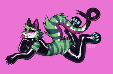 ambiguous_anthro ambiguous_gender anthro black_clothing black_collar black_ears black_gloves black_handwear black_latex black_legwear black_stockings black_tail_tip blep blue_pawpads blue_sclera blue_spikes blush cheek_tuft claws closed_smile clothed clothed_ambiguous clothed_anthro clothing collar dipstick_tail eyelashes facial_tuft fangs feet forked_tongue fur gloves green_body green_fur green_stripes handwear head_tuft hindpaw latex latex_clothing latex_gloves latex_handwear latex_legwear latex_stockings latex_topwear legwear lying markings mouth_closed multicolored_body multicolored_fur on_front pawpads paws pink_background pink_eyes purple_body purple_claws purple_inner_ear purple_scales scales simple_background smile solo stockings striped_body striped_fur striped_markings striped_tail stripes tail tail_markings teeth text tongue tongue_out topwear tuft white_face birdpaw_(artist) fallout microsoft suikk domestic_cat felid feline felis hybrid mammal night_stalker_(fallout) reptile scalie snake 2025 artist_name full-length_portrait hi_res portrait