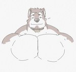 anthro big_muscles big_pecs bouncing_pecs facial_hair flexing male muscular muscular_anthro muscular_male one_eye_closed pec_flexing pecs simple_background smile solo white_background wink tora_gy canid canine canis mammal wolf 2d_animation animated compression_artifacts loop short_playtime