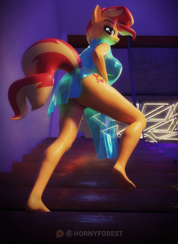 anthro clothing feet female genitals looking_at_viewer solo stairs tail vulva hornyforest equestria_girls friendship_is_magic hasbro my_little_pony sunset_shimmer_(eg) equid equine horse mammal pony 3d_(artwork) absurd_res digital_media_(artwork) hi_res