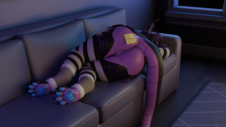 anthro anus big_butt black_body butt claws clothed clothing feet female footwear furniture genitals hair legwear pattern_clothing pattern_legwear pawpads paws post-it_note purple_body purple_hair sleeping sofa solo stockings striped_clothing striped_legwear stripes tail text thigh_highs toes vulva written_consent volgon_(artist) mythology volgon_(volgon) dragon mythological_creature mythological_scalie scalie 16:9 3d_(artwork) digital_media_(artwork) english_text hi_res widescreen