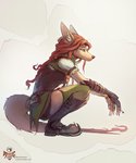 5_fingers anthro brown_hair clothed clothing female fingers hair solo text alectorfencer myre canid canine canis coyote mammal 2020 digital_media_(artwork) url