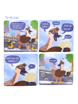 ambiguous_gender beak blue_eyes city city_background countershading dialogue disappearing feral group motion_lines open_beak open_mouth paper plant road simple_background sky solo_focus speech_bubble task_list text tree walking white_background wings young shanhorandraws little_kitty_big_city anatid anseriform avian bird duck 2025 comic english_text hi_res official_art father_(lore) male_(lore) parent_(lore)
