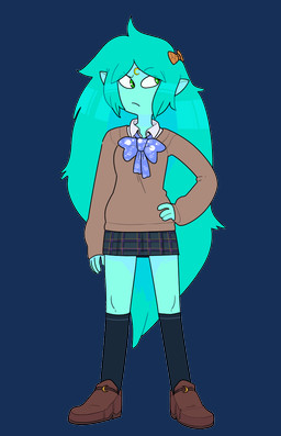 accessory bottomwear bow_ribbon breasts clothed clothing female footwear frown green_eyes green_hair hair hair_accessory hair_bow hair_ribbon humanoid_pointy_ears long_hair not_furry pattern_bottomwear pattern_clothing pattern_skirt plaid plaid_bottomwear plaid_clothing plaid_skirt pointy_ears ribbons school_uniform shirt shoes skirt solo toony topwear uniform discount-supervillain adventure_time cartoon_network canyon_(adventure_time) humanoid mammal alpha_channel digital_media_(artwork) hi_res