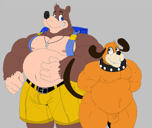anthro backpack balls barazoku belly big_belly blue_eyes brown_body clothed clothing collar collar_only duo genitals grey_background male moobs musclegut muscular muscular_male nipples nude orange_body overweight overweight_anthro overweight_male penis simple_background smile topless mc_morrales banjo-kazooie duck_hunt nintendo rareware banjo_(banjo-kazooie) duck_hunt_dog bear canid canine canis domestic_dog hunting_dog mammal 2019 crossover digital_media_(artwork)