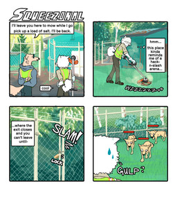 4_panel_comic anthro bodily_fluids building clothed clothed_anthro clothed_male clothing dialogue eyewear fence fully_clothed fully_clothed_anthro fully_clothed_male fur gameplay_mechanics gate glasses group gui hands_behind_back health_bar lock male outside power_tool safety_vest standing sweat sweatdrop tail tan_body tan_fur text tools topwear vest white_body white_fur hieronymusjohnson retti_(hieronymusjohnson) squeez_(hieronymusjohnson) borzoi canid canine canis domestic_dog hunting_dog mammal nordic_sled_dog samoyed sighthound spitz 2025 aliasing binary_drawing comic digital_drawing_(artwork) digital_media_(artwork) english_text hi_res
