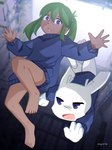 2022 3:4 4_fingers 5_fingers 5_toes angry anthro blue_clothing blue_eyes blue_sweater blue_topwear bottomless brown_body brown_skin cave_story clothed clothing duo feet female fingers fist fur green_hair hair half-closed_eyes hi_res human lagomorph looking_at_viewer mammal mimiga narrowed_eyes open_mouth pawpads purple_eyes scar serious seyerie sue_sakamoto surprised_expression sweater sweater_only tied_hair toes topwear topwear_only white_body white_fur young young_anthro young_female young_human