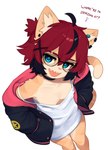 ahoge anthro breasts cleavage clothed clothing dialogue down_blouse ear_piercing ear_ring eyewear female female_anthro fur glasses hair hands_on_hips high-angle_view jacket kemono looking_at_viewer multicolored_body multicolored_fur multicolored_hair off_shoulder open_mouth piercing pink_nose ring_piercing sharp_teeth shirt short_hair small_breasts solo tail talking_to_viewer tank_top teeth text topwear wearing_glasses yoako aeiou_(yoako) domestic_cat felid feline felis mammal 2024 digital_media_(artwork) english_text hi_res