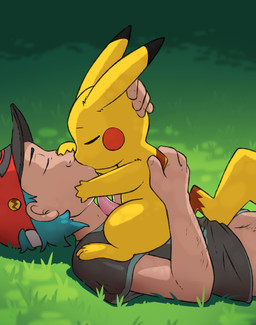 baseball_cap bestiality body_hair clothing duo erection feral fur genitals grass hair hand_on_head hat headgear headwear human_on_feral interspecies kissing lying male male/male navel penis plant pokephilia size_difference tail teal_hair yellow_body yellow_fur koboldklaws nintendo pokemon generation_1_pokemon human mammal pikachu pokemon_(species) absurd_res hi_res