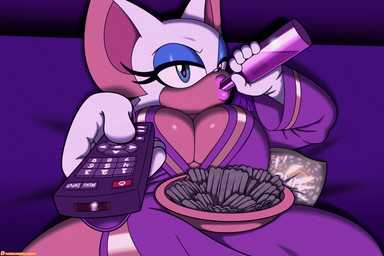 anthro big_breasts bottle bowl breasts chips_(food) cleavage clothed clothing container drinking eyelashes eyeshadow female food furniture glistening glistening_breasts gloves green_eyes handwear makeup on_sofa sofa solo tan_body tv_remote omegasunburst sega sipping_beer_on_a_couch_stock_image sonic_the_hedgehog_(series) rouge_the_bat bat mammal 2025 3:2 hi_res meme