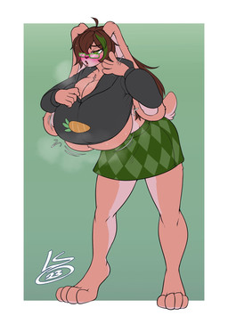 anthro barefoot big_breasts blush blush_lines bottomwear breast_expansion breasts brown_hair cleavage clothed clothing expansion eyewear feet female fur glasses green_eyes green_hair hair huge_breasts hyper hyper_breasts motion_lines multicolored_hair musk open_mouth shirt solo standing tan_body tan_fur teeth text thick_thighs topwear under_boob lunarspy lagomorph leporid mammal rabbit 2023 character_request digital_media_(artwork) hi_res watermark