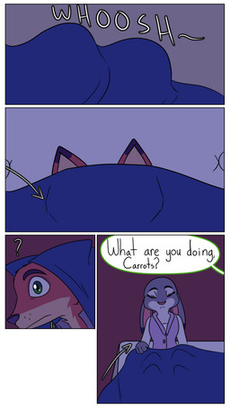 anthro bed bedding blanket dialogue duo female fur furniture grey_body grey_fur joining_in male orange_body orange_fur pointy_ears rabbit_ears text hahstudios disney zootopia judy_hopps nick_wilde canid canine european_rabbit fox lagomorph leporid mammal oryctolagus rabbit red_fox true_fox comic english_text