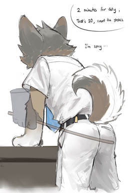 5_fingers accessory adolescent anthro arm_tuft bent_over blue_necktie bottomwear butt_slap cane clothed clothed_anthro clothing corporal_punishment countershading dialogue disembodied_hand duo elbow_tuft facial_tuft fingers fur gloves_(marking) grey_body grey_fur kemono male markings necktie offscreen_character pants raised_tail school_uniform shirt simple_background slap solo_focus spanking speech_bubble tail text topwear tuft uniform white_background white_bottomwear white_clothing white_pants white_shirt white_topwear young young_anthro young_male laggy_(artist) kyle_(laggy) canid canine canis coyote mammal 2025 absurd_res english_text hi_res