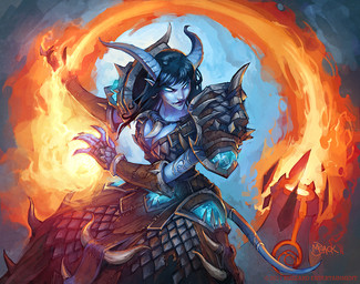 armor blue_body breasts elemental_manipulation female fire fire_manipulation horn jewelry magic not_furry pauldron pendant smile solo tail luke_mancini blizzard_entertainment warcraft world_of_warcraft_trading_card_game draenei humanoid 2011 official_art