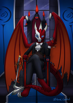 5_fingers 5_toes anthro barefoot blue_eyes chair claws clothed clothing fangs feet fingers furniture horn looking_at_viewer male medieval medieval_fantasy melee_weapon membrane_(anatomy) membranous_wings night rapier red_body scales solo suit sword tail teeth throne toes weapon wings azural_cobaltros european_mythology mythology dragon mythological_creature mythological_scalie scalie vampire western_dragon absurd_res digital_media_(artwork) hi_res