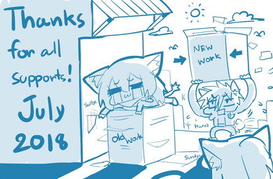 anthro bodily_fluids box cloud container crying female feral lying male on_front outside sun tears text sollyz avian bird canid canine canis domestic_cat domestic_dog felid feline felis mammal 2018 english_text signature