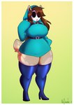 belt big_breasts border breasts brown_hair clothing female footwear hair high_heels legwear open_mouth shoes simple_background solo standing tan_body thigh_highs white_border yellow_background la-frugele mario_bros nintendo deer mammal shyguy absurd_res hi_res