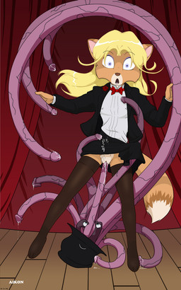 anthro blonde_hair bottomwear bow_(feature) bow_tie clothed clothing fail female female_penetrated genitals hair legwear magic_show magician male male/female male_penetrating male_penetrating_female no_underwear penetration penis penis_tentacles sex skirt solo stage stockings surprised tail tentacles vaginal vulva aikon angel_(aikon) canid canine fox mammal 2008 5:8 hi_res