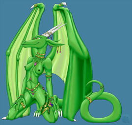 accessory anthro belt bracelet breasts choker claws dragon_tail ear_piercing ear_ring female furgonomics gem genitals green_body horn horn_jewelry jewelry jewelry_only kneeling long_tail membrane_(anatomy) membranous_wings necklace nipples non-mammal_breasts non-mammal_nipples nude nude_anthro nude_female piercing ring ring_piercing simple_background solo tail tail_accessory tail_jewelry tail_ring vulva wings yellow_eyes genniidrominda mythology aleshia_(bahumot) dragon mythological_creature mythological_scalie scalie digital_media_(artwork)