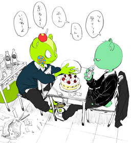 anthro anthrofied apple beverage bottle bottomwear cake candy chair clothed clothing collared_shirt container cutlery dessert dialogue dress_shirt drinking duo eye_contact food footwear fork fruit fully_clothed fur furniture green_body green_fur hand_in_pocket high-angle_view holding_object jacket japanese kitchen_utensils lollipop looking_at_another male pants plant pockets shirt shoes simple_background sitting soda speech_bubble sweater table tail text tools topwear chamachamasanrokkinpo! happy_tree_friends flippy_(htf) nutty_(htf) bear mammal rodent sciurid tree_squirrel digital_media_(artwork) japanese_text partially_colored translated