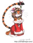 2003 aimee aimee_major anthro barefoot bell biped blue_eyes blush christmas claws curling_toes feet felid female flower holidays kissing_bough kneeling mammal mistletoe pantherine plant pose solo stripes tail text tiger toes url