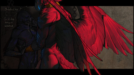 anthro beak blood bodily_fluids cum dialogue duo feathers forced fur genital_fluids genitals male male/male penis rape red_body red_fur sex size_difference tail wings runasolaris xjal avian bird corvid oscine passerine digital_drawing_(artwork) digital_media_(artwork) hi_res
