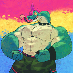 armband basketball_shorts bottomwear clothing collar facial_piercing flexing flexing_bicep flexing_both_biceps forked_tongue green_body green_bottomwear green_clothing green_scales green_shorts green_skin lgbt_pride long_tongue male muscular muscular_male nose_piercing nose_ring pansexual_pride_colors piercing pride_colors purple_spikes ring_piercing scales shirtless shirtless_male shorts solo spines tongue tongue_out jasperthecrab goat_(movie) modo_olachenko komodo_dragon lizard monitor_lizard reptile scalie hi_res