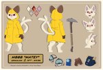 2_tails anthro backpack belly biped border chest_tuft fur gas_mask hooded_cloak lamp male mask miner multi_tail pickaxe short_stack slightly_chubby solo tail tan_body tan_fur tuft white_border work_gloves work_uniform travis_mayer domestic_cat felid feline felis grimalkin_(species) mammal absurd_res hi_res model_sheet
